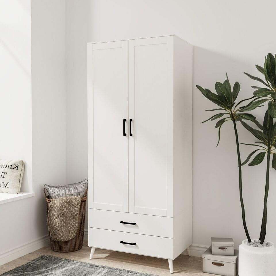 Modern White Wardrobe 2 Doors 2 Drawers Bedroom Clothes Storage Unit