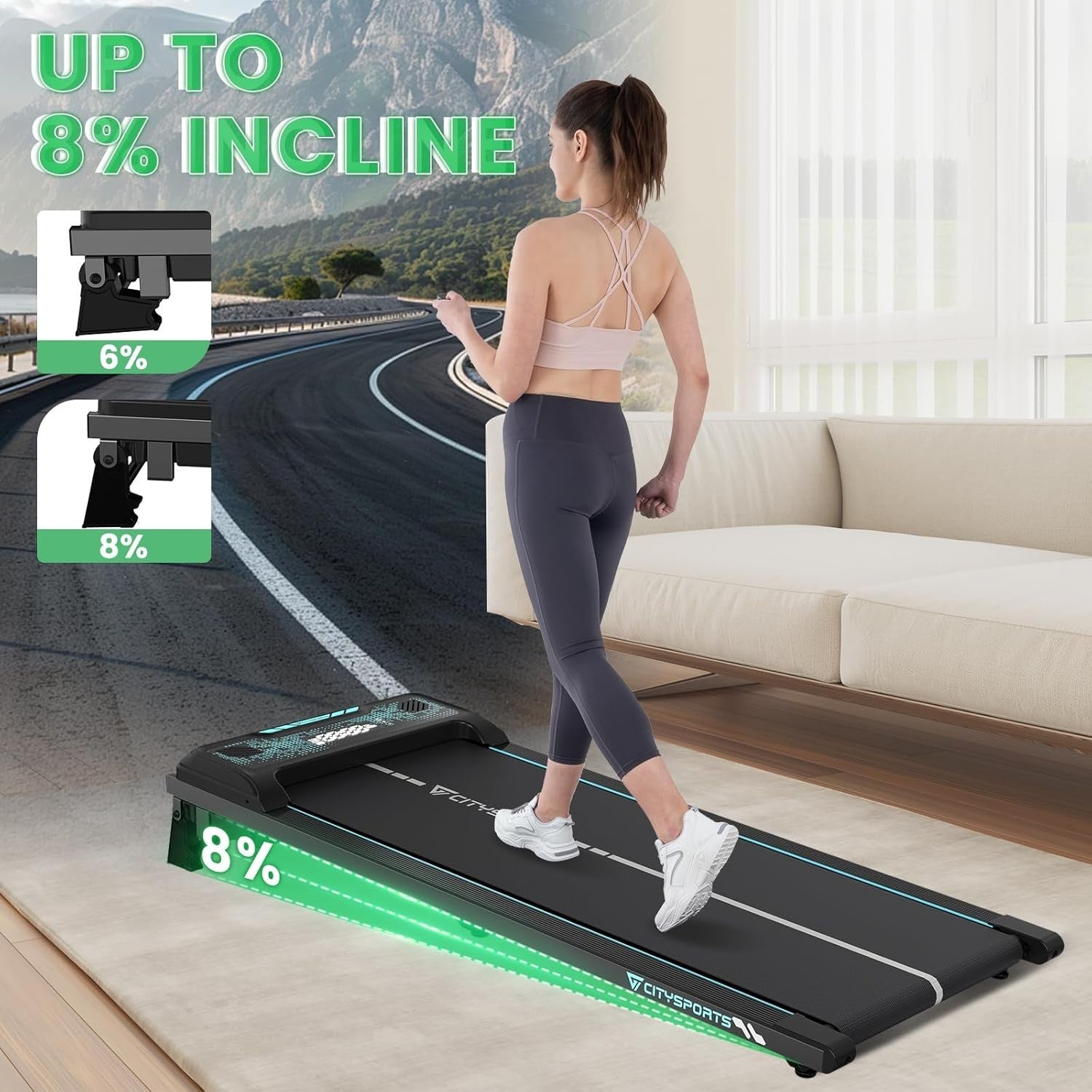 Under Desk Treadmill Walking Pad 6km/h Remote Control Incline LED Display --