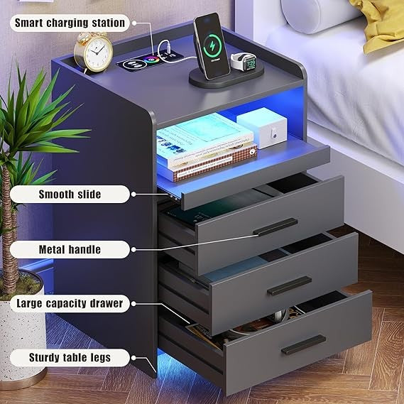 Grey LED Bedside Table with Charging Station, 3-Drawer Modern Nightstand Storage