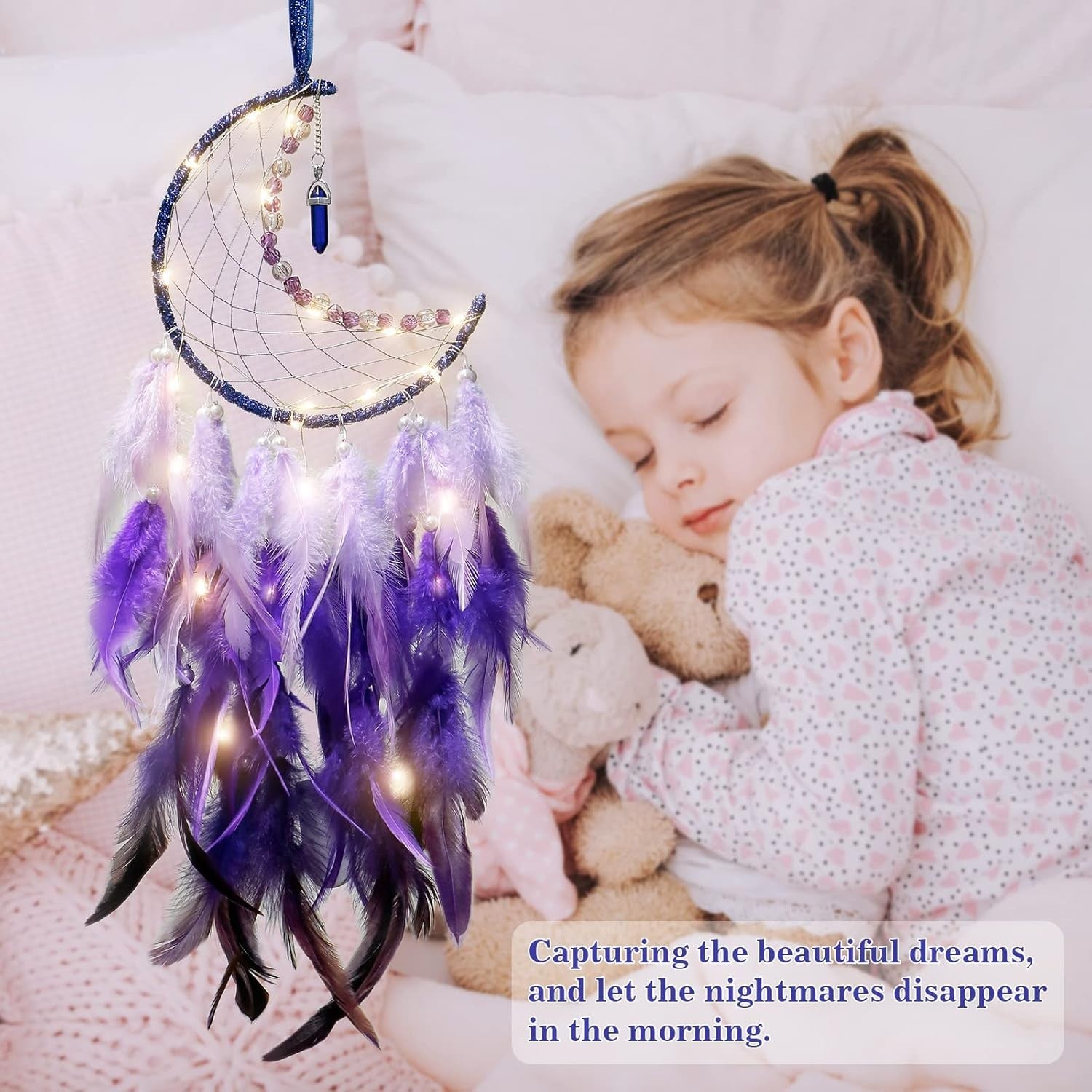 Boho Moon Dream Catcher Purple Feathers Fairy Lights Wall Decor