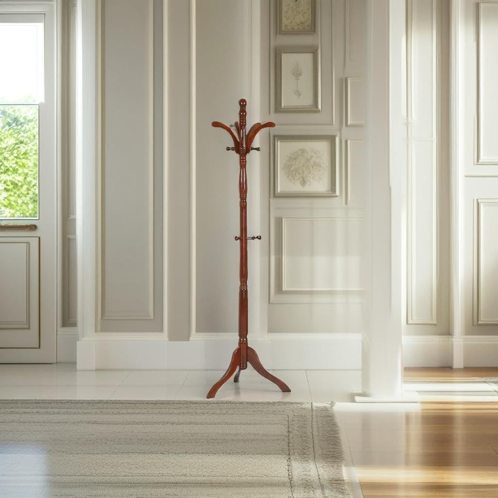 Tall Vintage Wooden Coat Stand with 13 Hooks | Solid Wood Freestanding Hall Tree