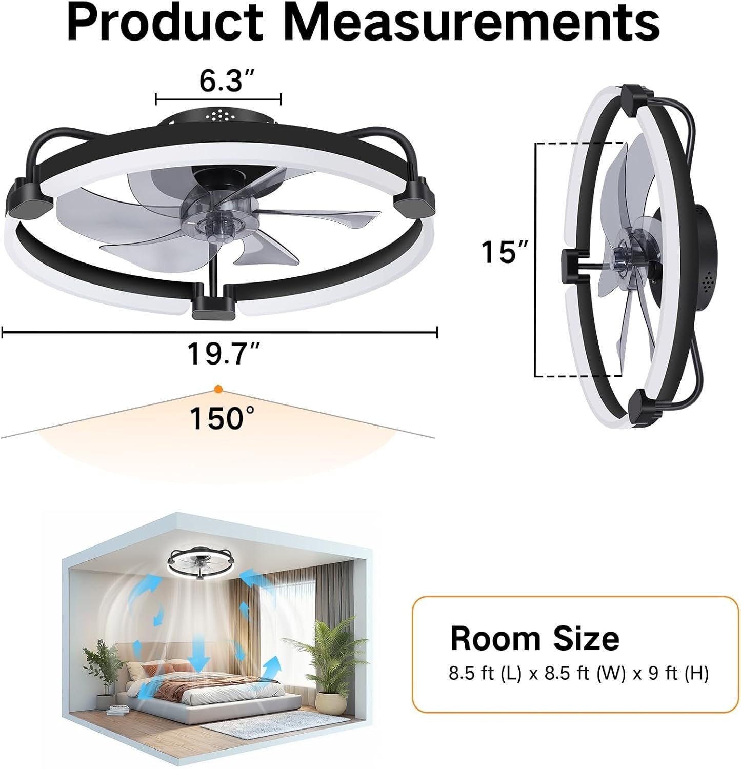 50CM Ceiling Fan with Light, 6-Speed, Remote, Reversible, Black, LED