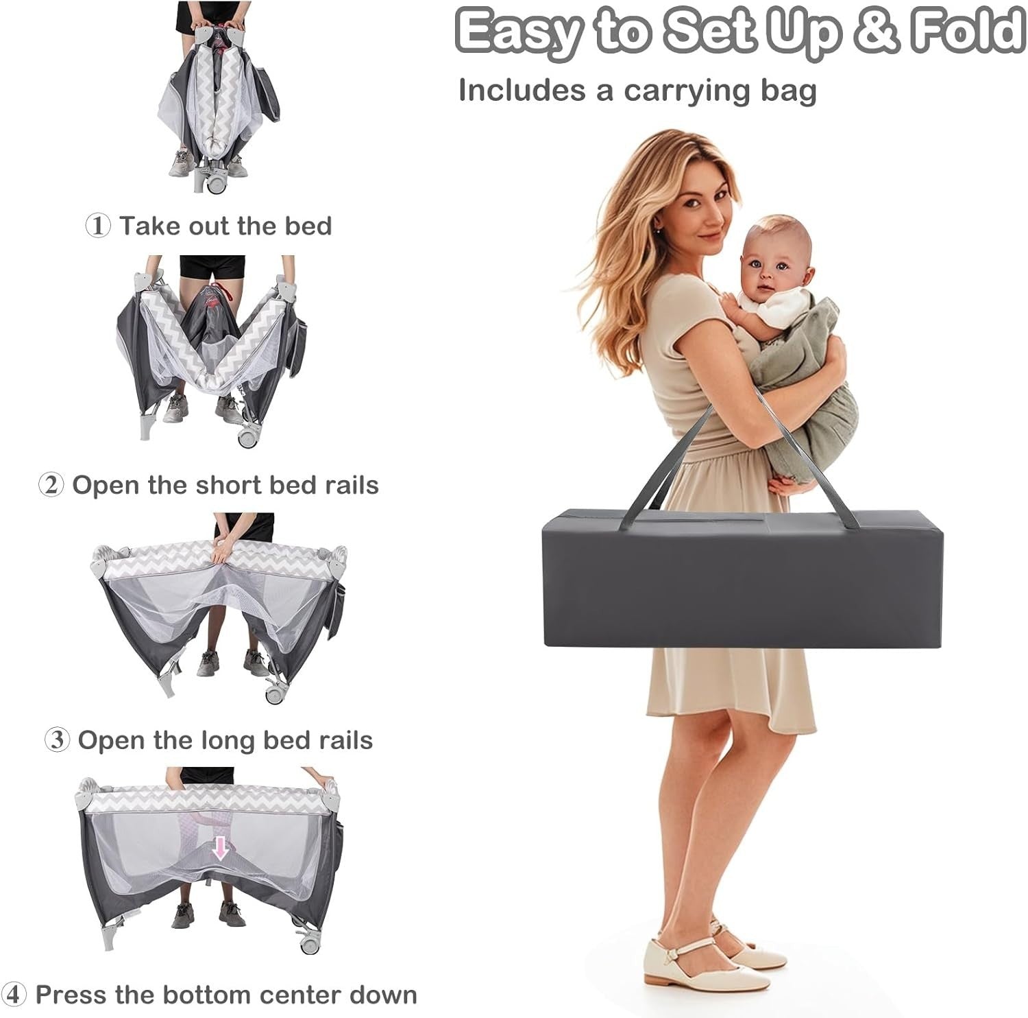 4in1 Baby Travel Cot Foldable Crib with Mattress, Changer & Storage Grey Blue