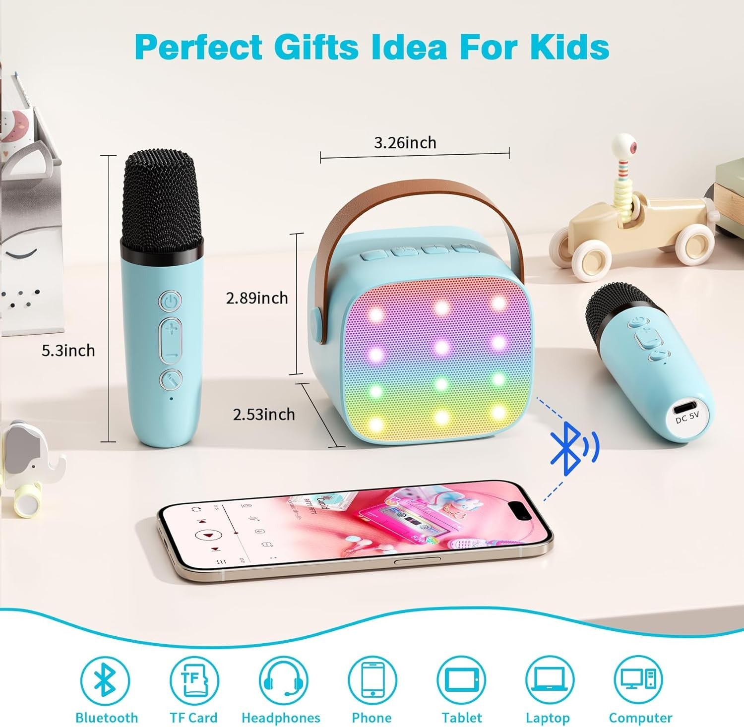 Mini Karaoke Machine with 2 Wireless Kids Bluetooth