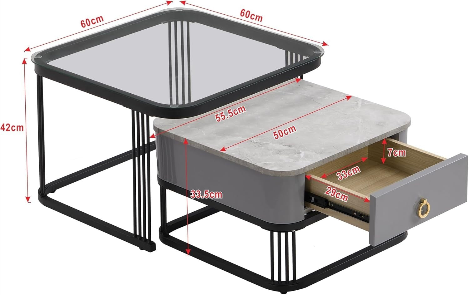 2x Nesting Coffee Tables Set Storage Drawer Marble Look & Glass Top Metal Frame