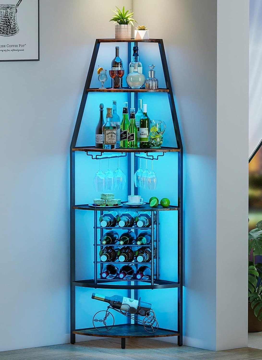 6-Tier Corner Wine Rack with LED Lighting | Bottle & Glass Storage Home Bar