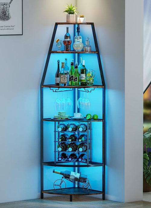 6-Tier Corner Wine Rack with LED Lighting | Bottle & Glass Storage Home Bar