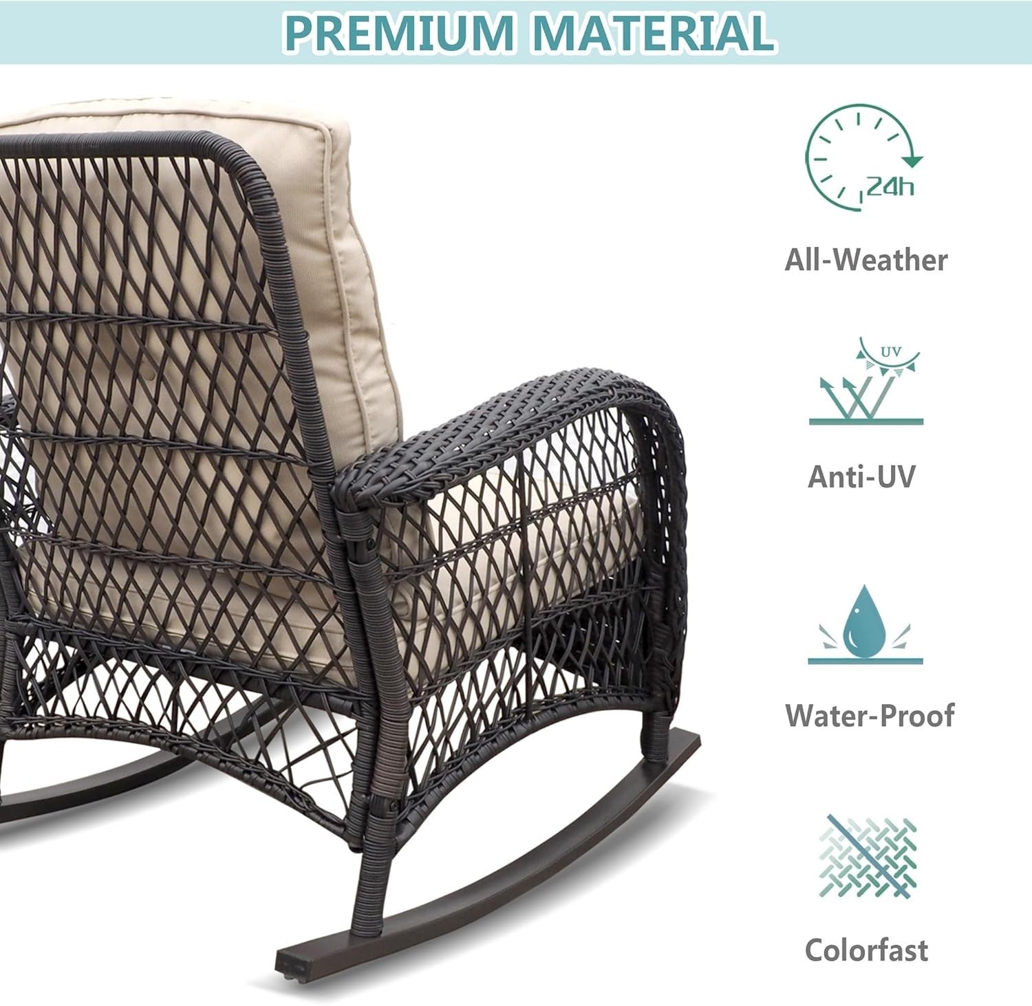 3pc Rattan Rocking Chair Bistro Set w/ Cushions & Glass Table Patio Garden