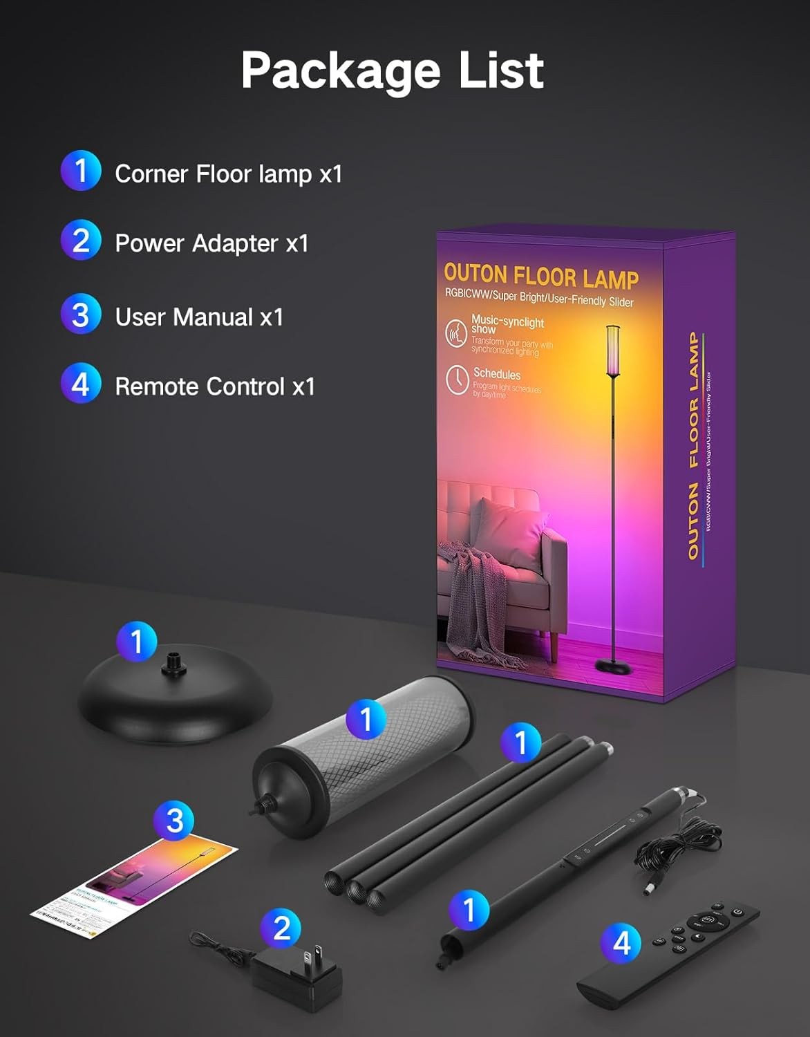 RGB Corner Floor Lamp Smart LED Dimmable App Remote Music Sync