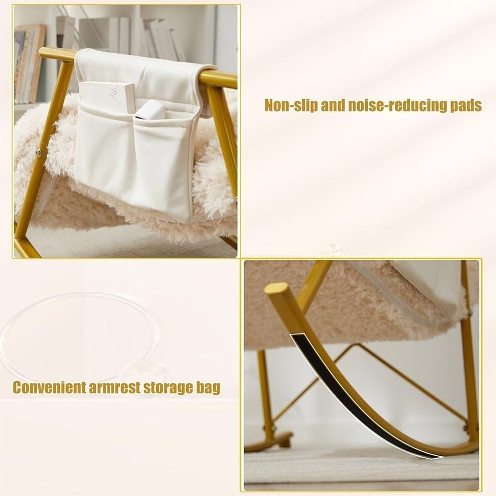 Modern Glider Rocking Chair with Teddy Upholstery & Side Pocket, Golden Legs