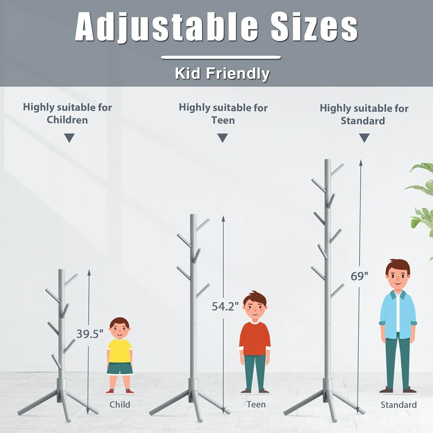Grey Wooden Coat Rack Stand 8 Hooks Adjustable Hall Tree for Coats Hats Bags