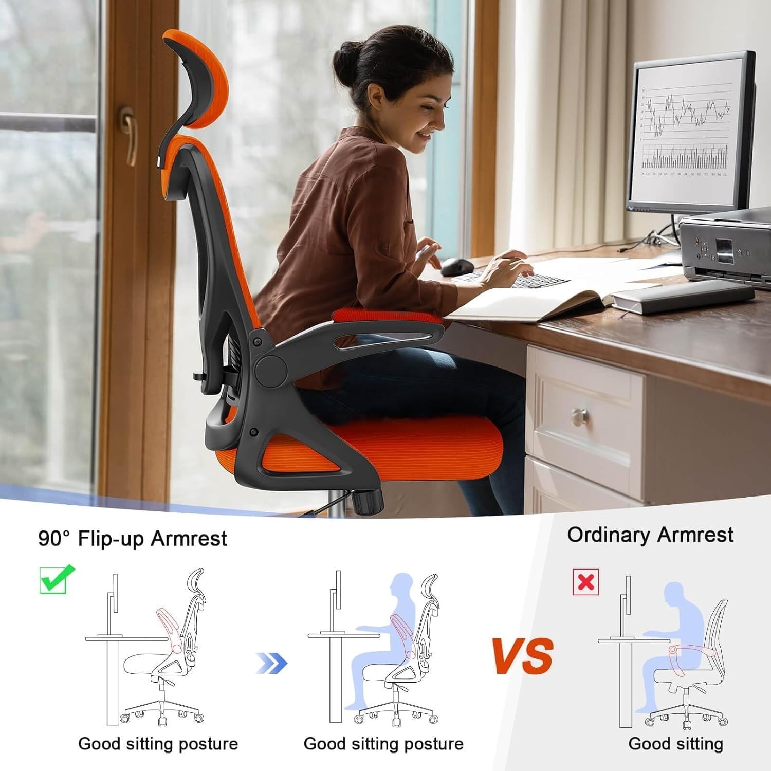 Ergonomic Office Chair High Back Mesh Flip Armrest Adjustable Lumbar Orange