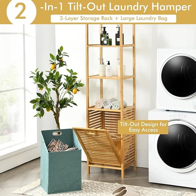 Bamboo Tilt-Out Laundry Hamper with Shelves, 3-Tier Organizer for Bathroom