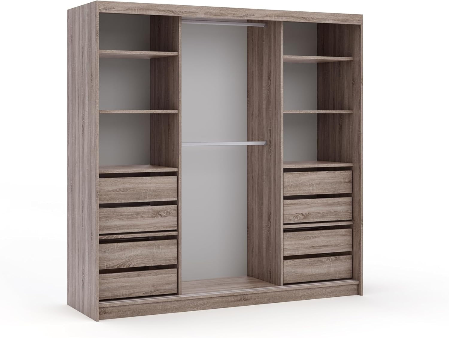 Modern Sliding Door Wardrobe with Mirror, 200cm, 8 Drawers, Floor Mount