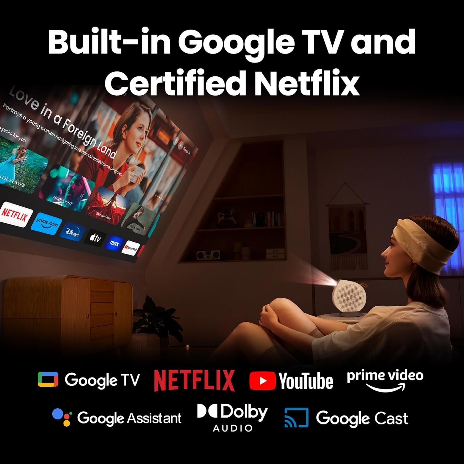 1080P Laser Portable Projector 500 ANSI Google TV Netflix Ceiling