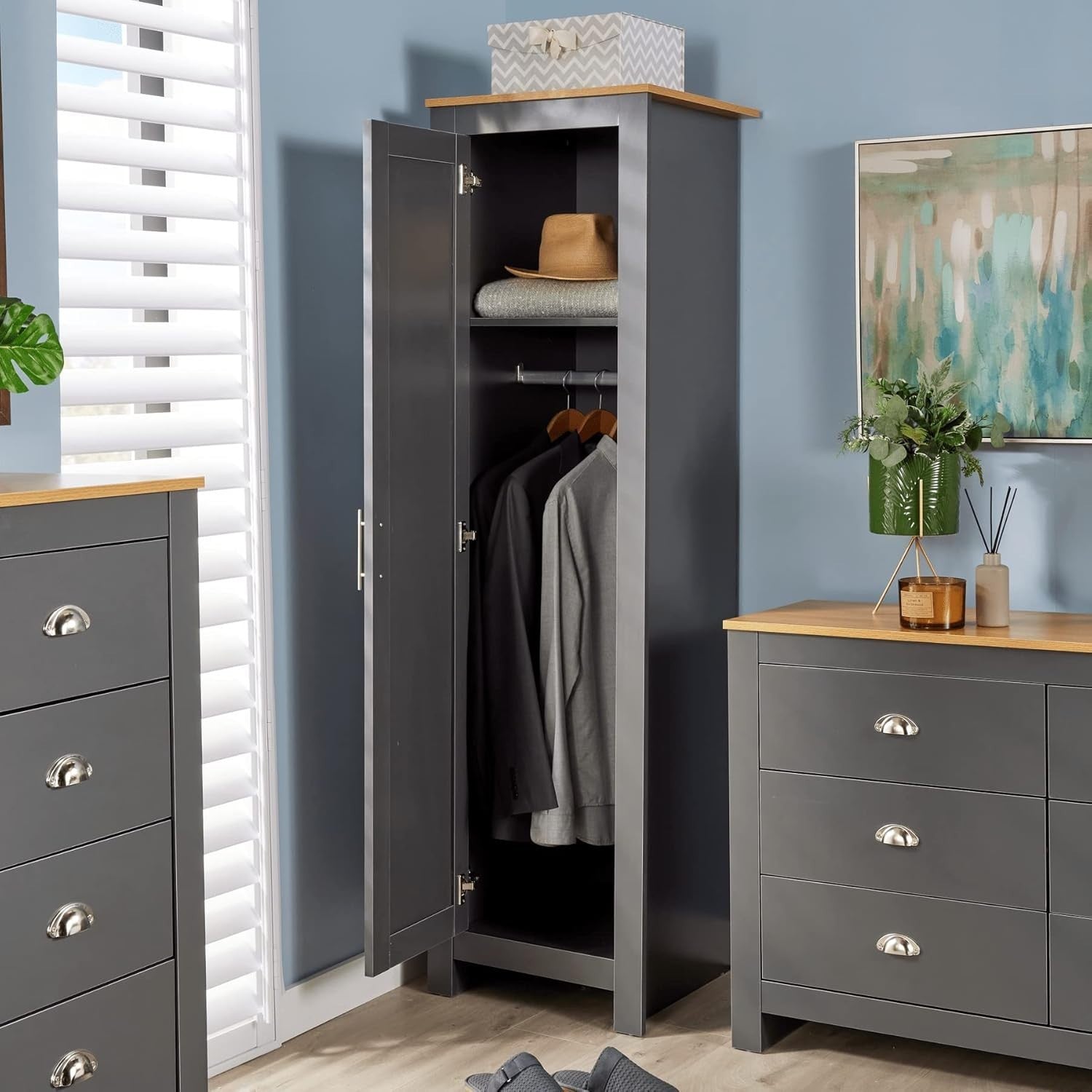 Slim Dark Grey Wardrobe 1 Door with Hanging Rail & Deep Storage Shelf