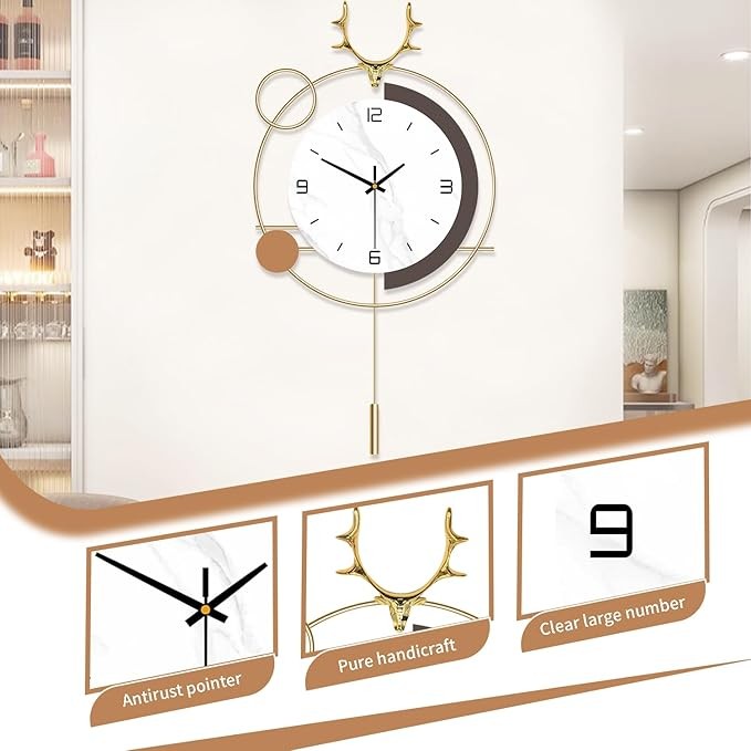 Modern Deer Pendulum Wall Clock 25in Large Silent Quartz Metal Home Decor