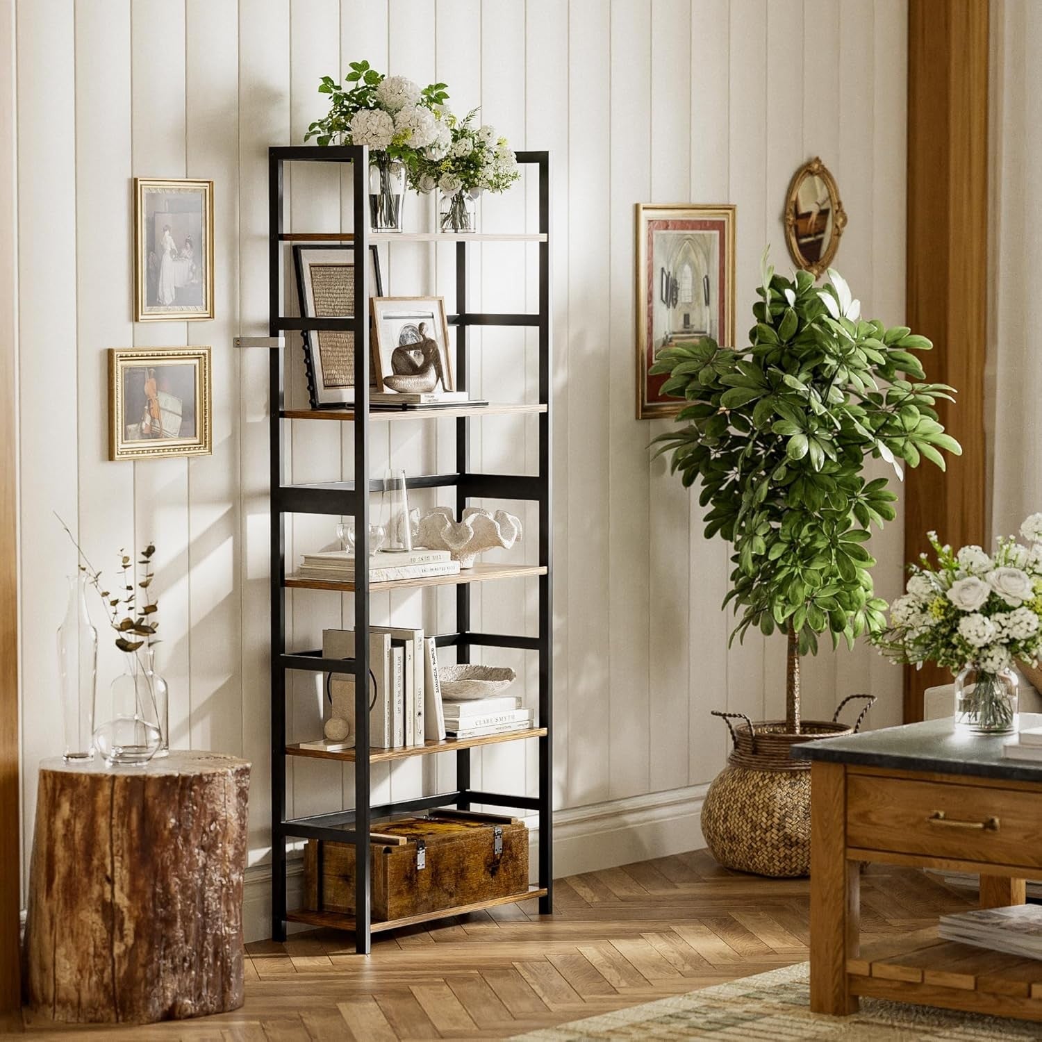 5-Tier Rustic Industrial Bookshelf, Tall Bamboo Frame Display Storage Unit