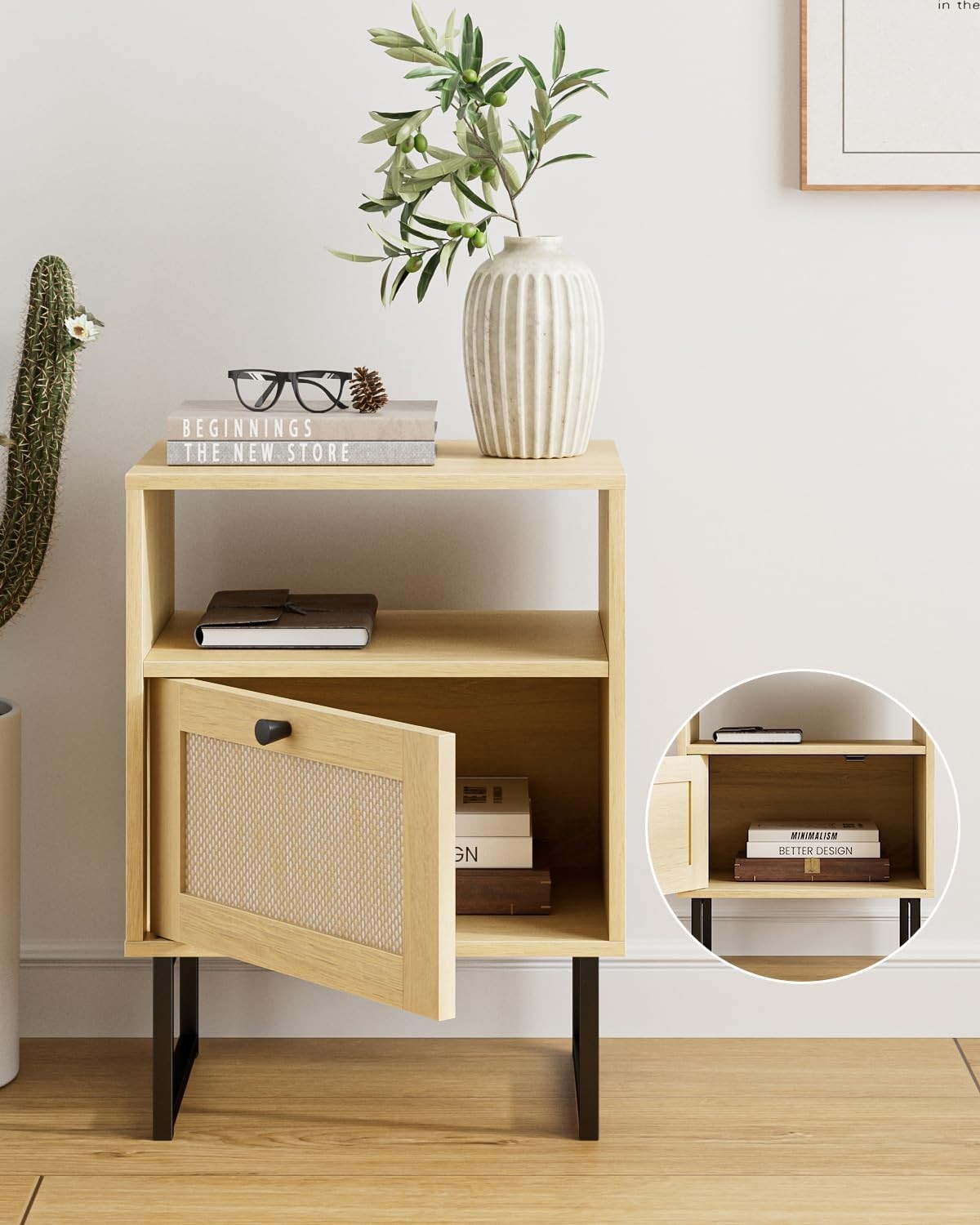 Natural Oak Rattan Bedside Table with Drawer Boho Nightstand Side Table