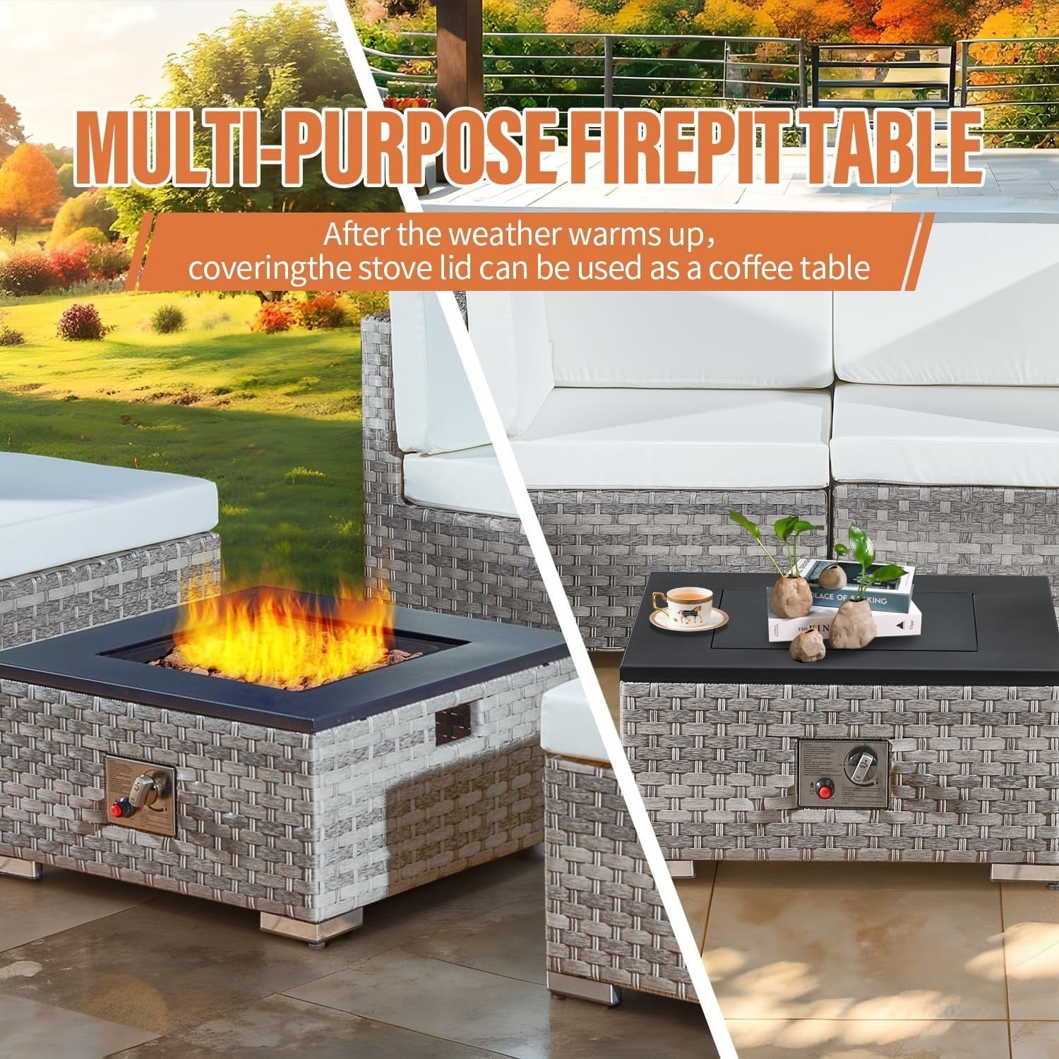 5-Piece Rattan Outdoor Fire Pit Patio Set with 40,000 BTU Gas Fire Table