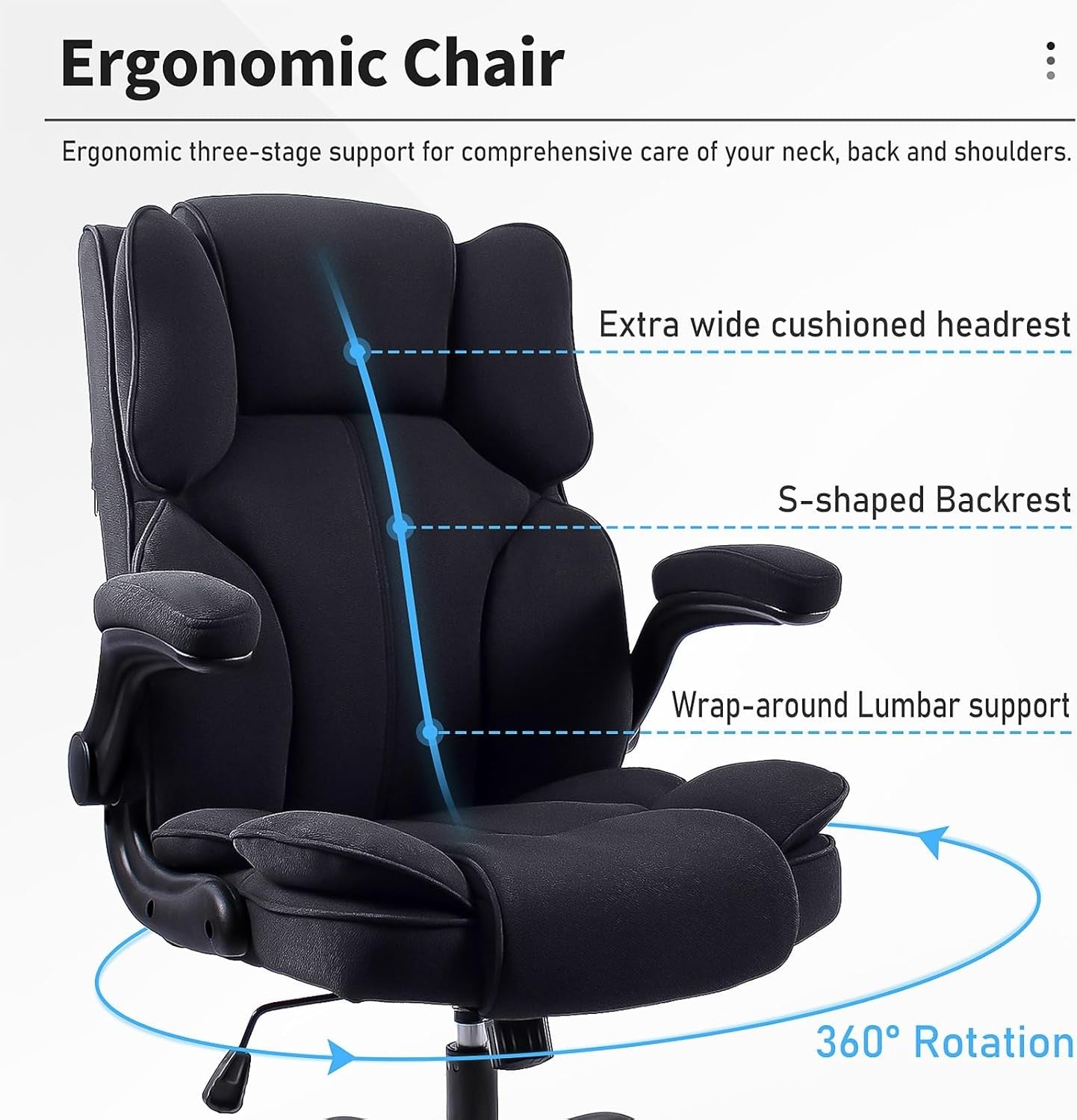 Ergonomic Office Chair Fabric 90° Flip-Up Arms Black