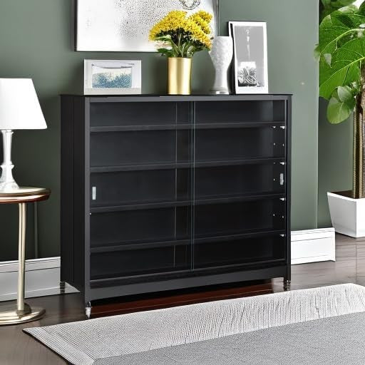 5-Tier Wall Display Cabinet | Black Glass Sliding Door Shelf Unit 60×80cm