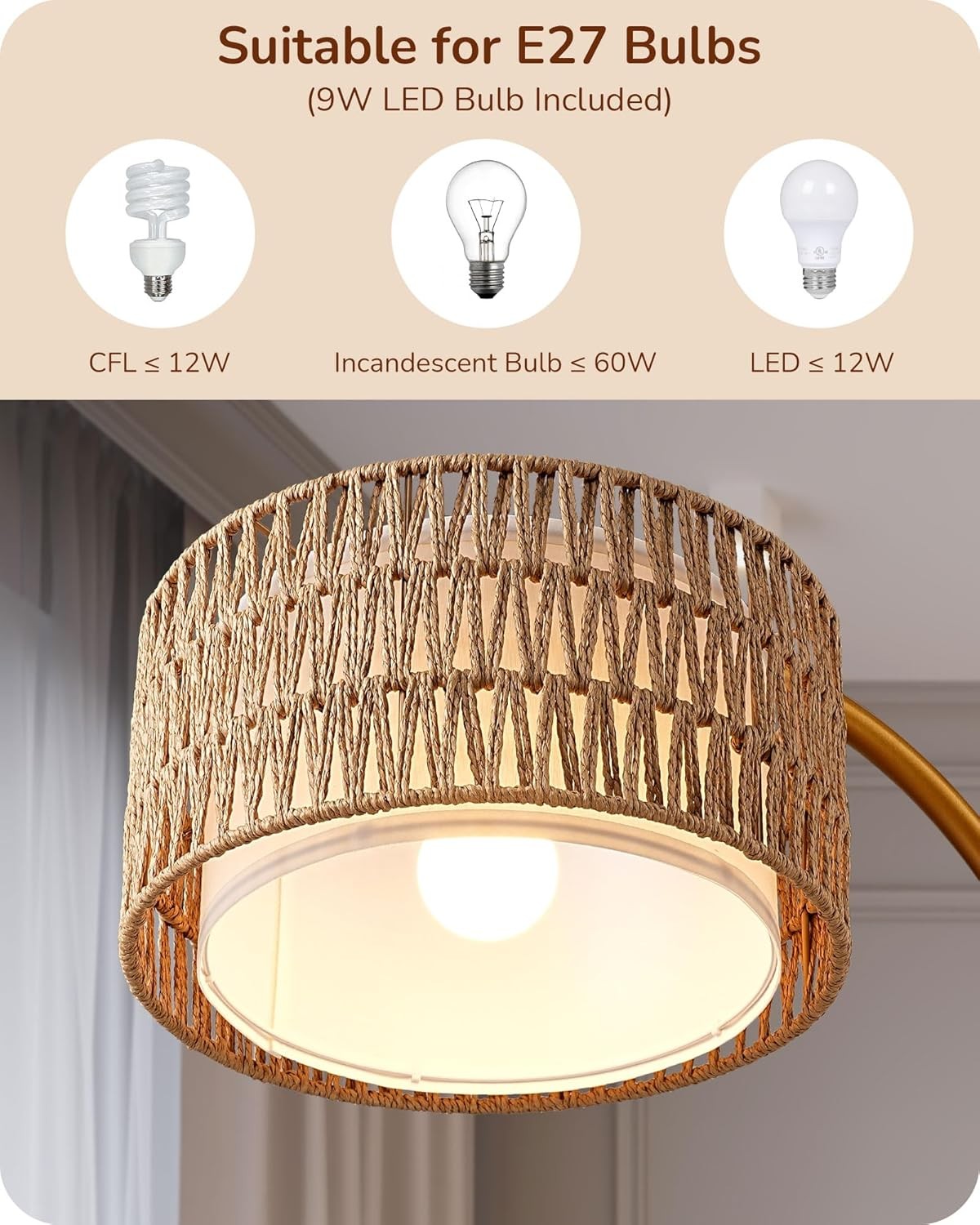 Arc Floor Lamp Gold Rattan Shade Dimmable Remote Boho LED Standing Light