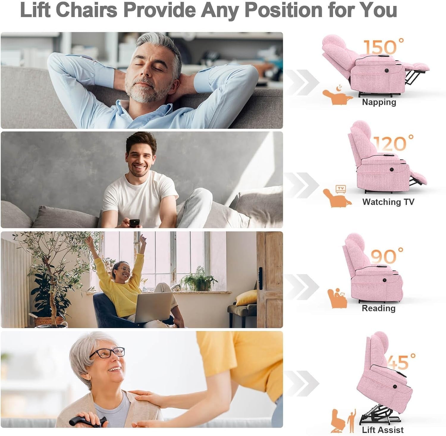 Power Lift Recliner Chair Massage Heat USB Type-C Cup Holders Pink Faux Leather