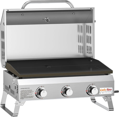 Portable 3 Burner Gas BBQ Plancha Grill with Lid & Thermometer