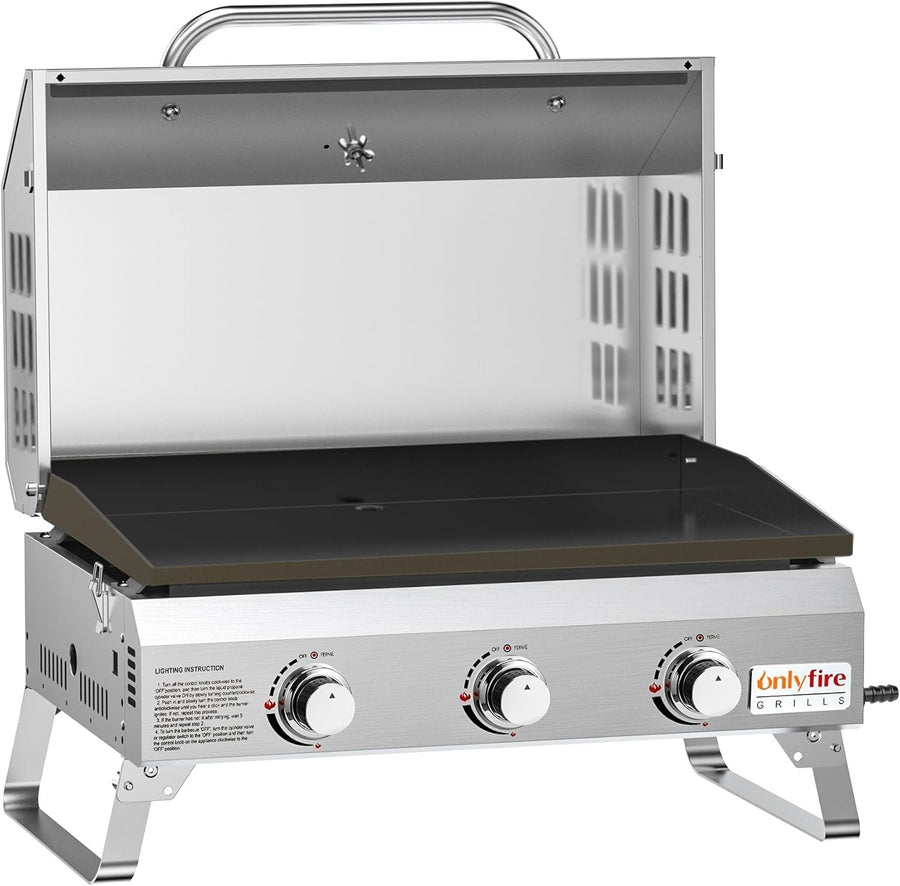 Portable 3 Burner Gas BBQ Plancha Grill with Lid & Thermometer