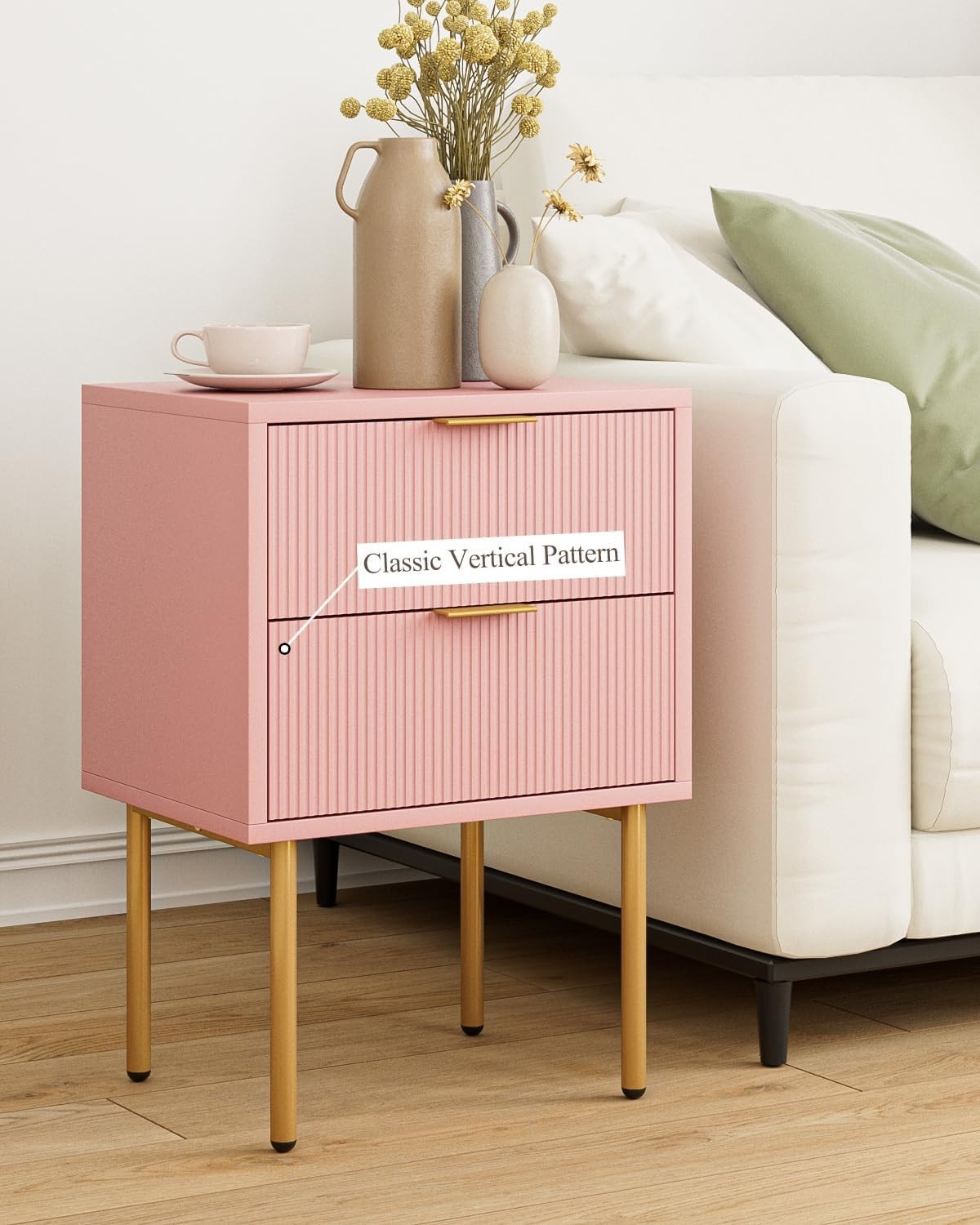Modern Pink Bedside Table with 2 Drawers & Gold Legs | Wooden Nightstand