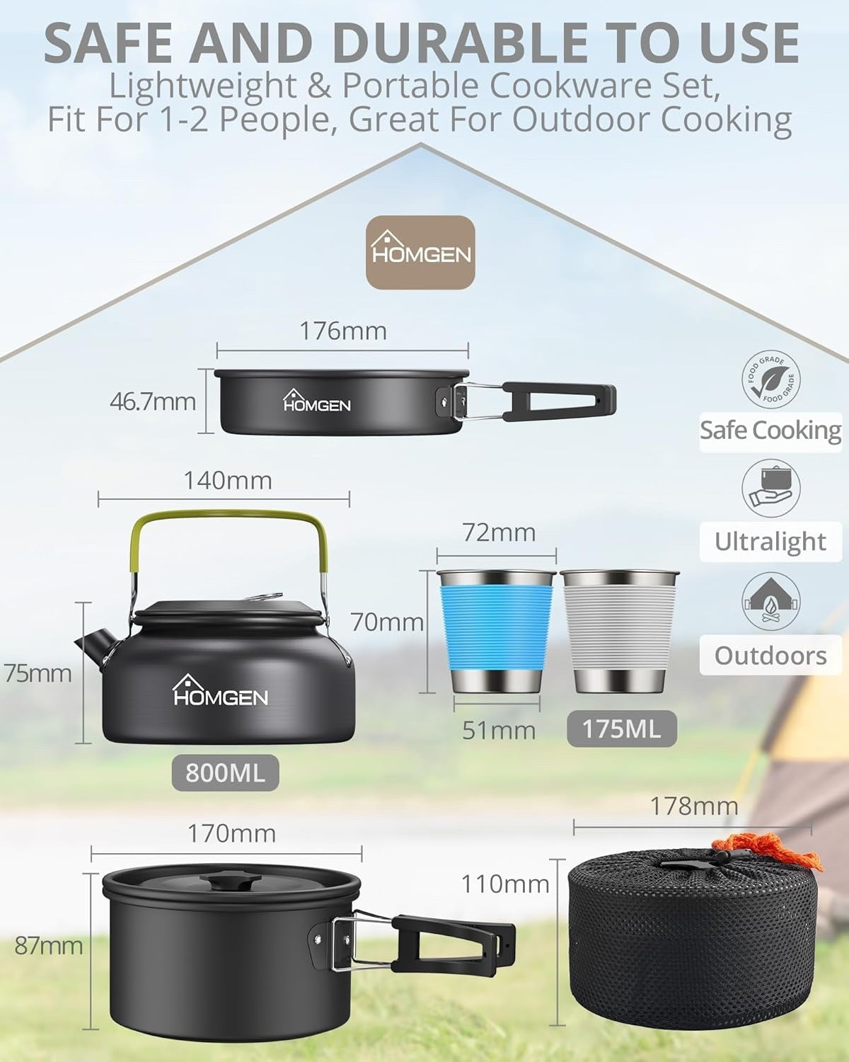 Black Camping Cookware Set with Pot Frying Pan, Kettle & Utensils for 2–3 People