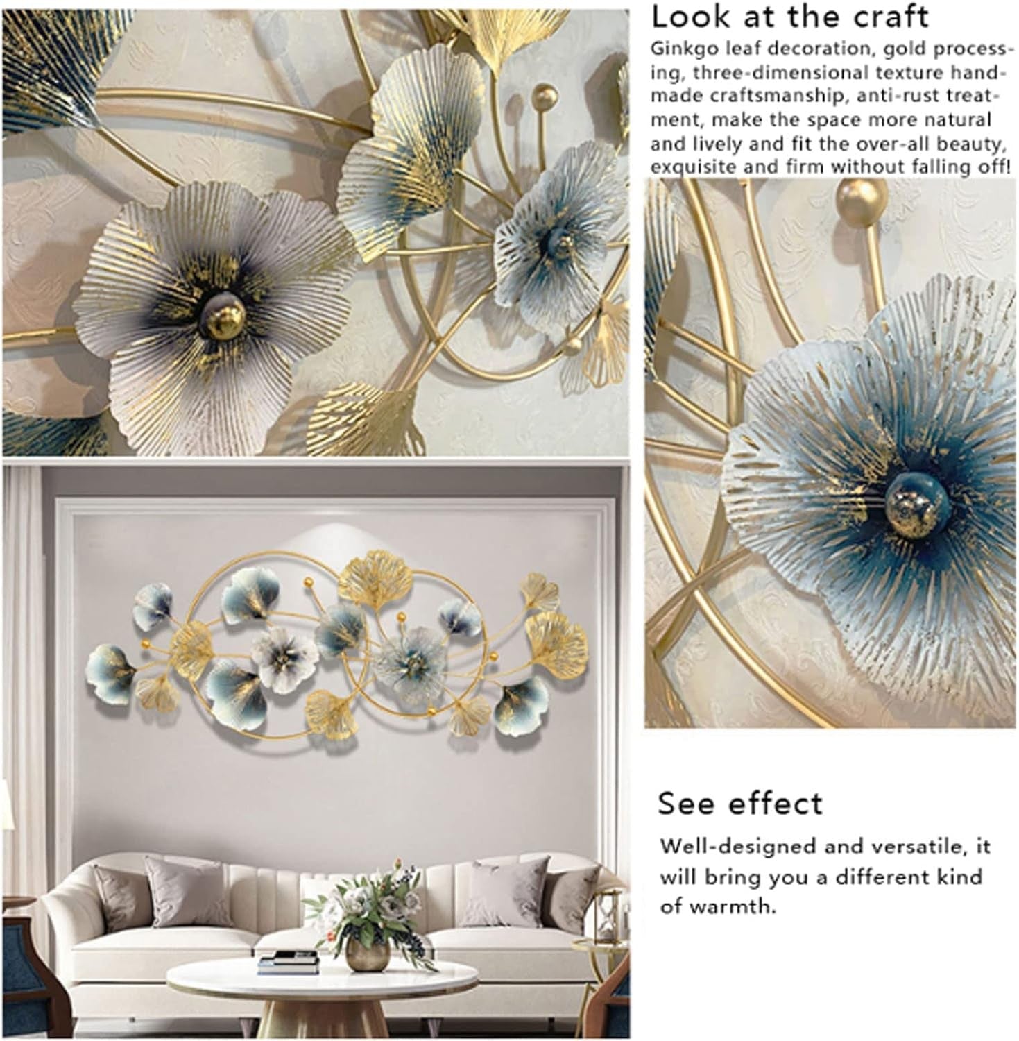 Large Gold Metal Wall Art 3D Ginkgo Leaf Sculpture Living Room Decor
