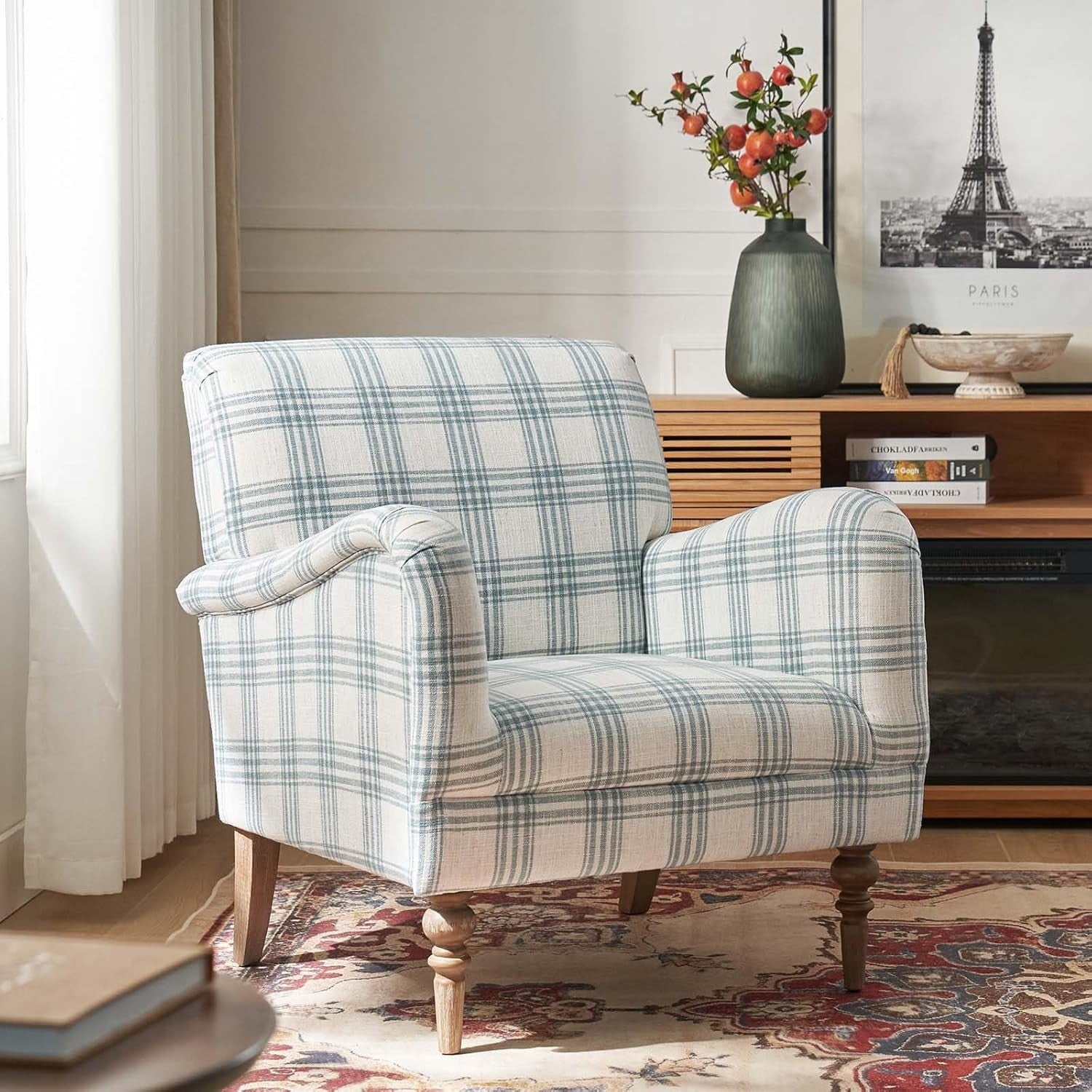 Blue Plaid Accent Chair Comfy Armchair Upholstered Seat Wood Legs Lounge