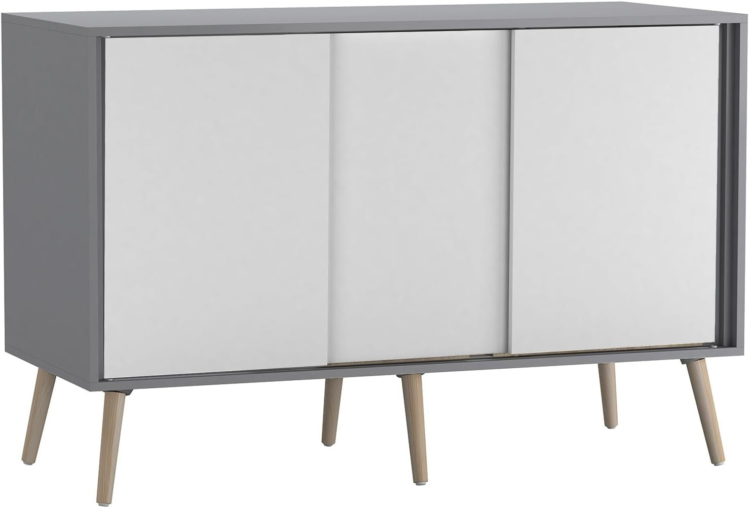 White Sliding Sideboard Cabinet Grey Unit 3 Door Storage Beech Legs