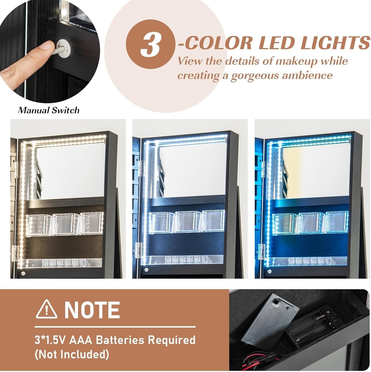 360° Swivel Jewelry Armoire Lockable Full Length Mirror LED Storage Black