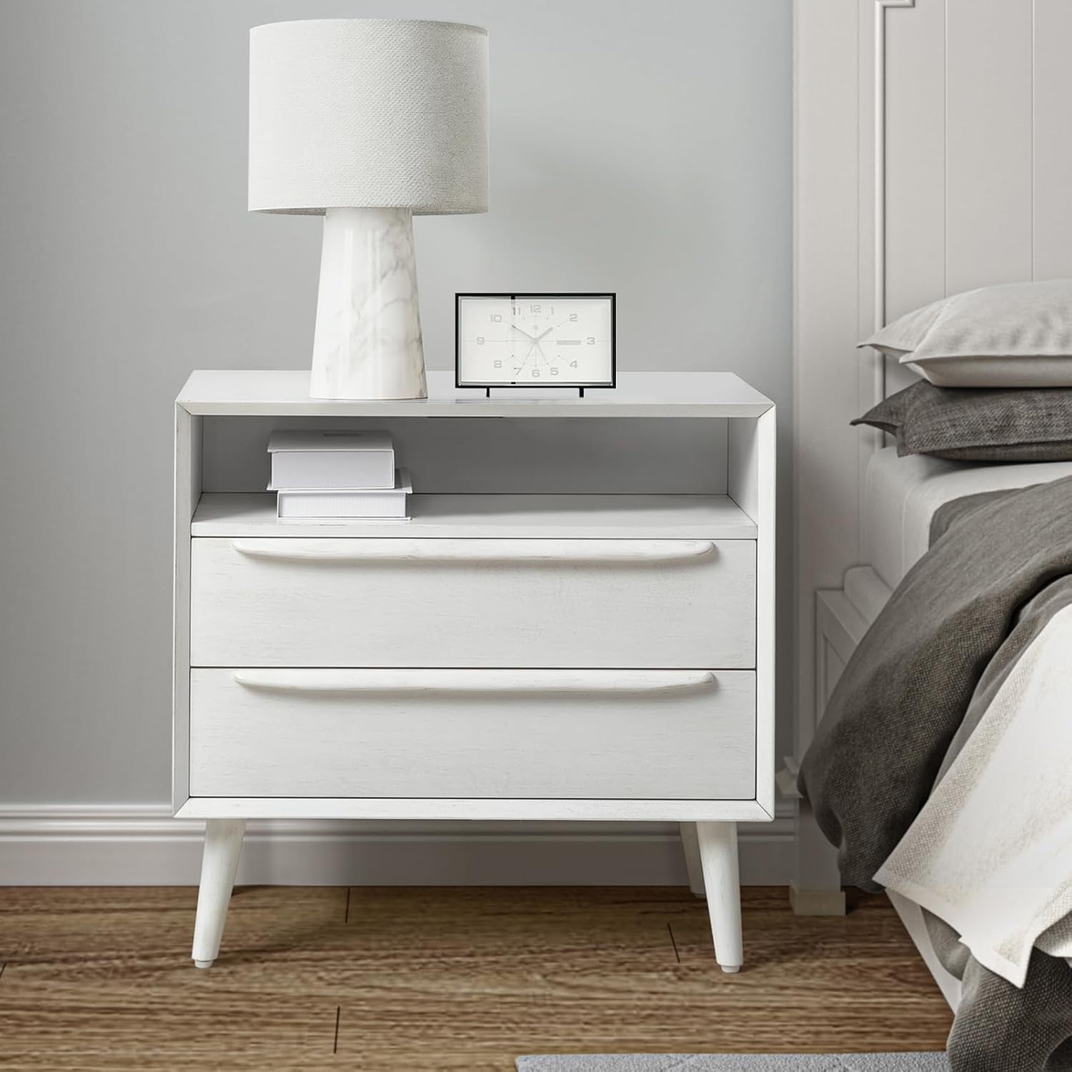 White Wooden Bedside Table with 2 Drawers & Open Shelf – Mid-Century Modern