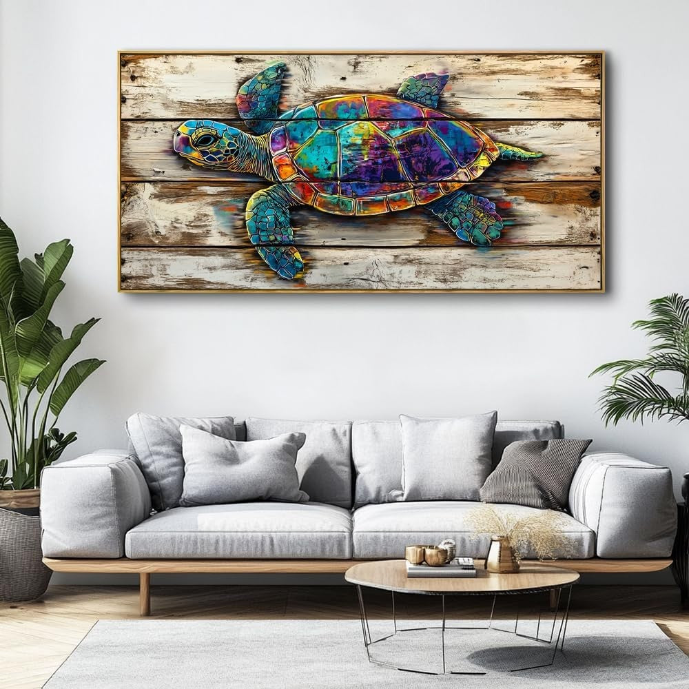 Sea Turtle Abstract Wall Art – Large Framed Canvas Painting 40x20in