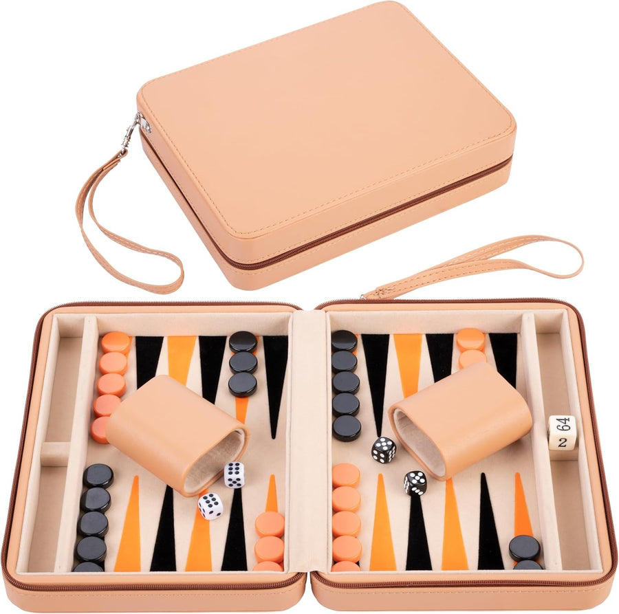 Travel Backgammon Set 9in Deluxe Faux Leather Zip Case Portable Game