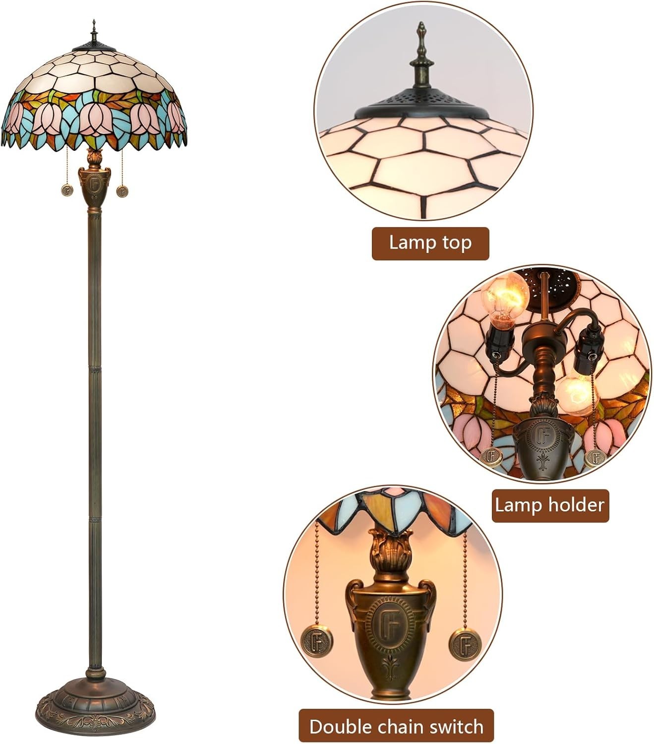 Pink Tulip Stained Glass Floor Lamp with Vintage Bronze Base & Foot Switch