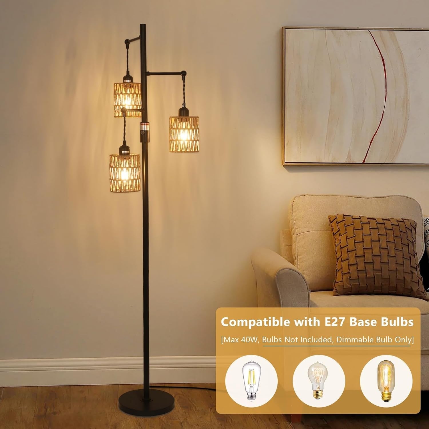 Dimmable Rattan Floor Lamp 3 Light Boho Tall Standing Lamp Stepless Dimmer