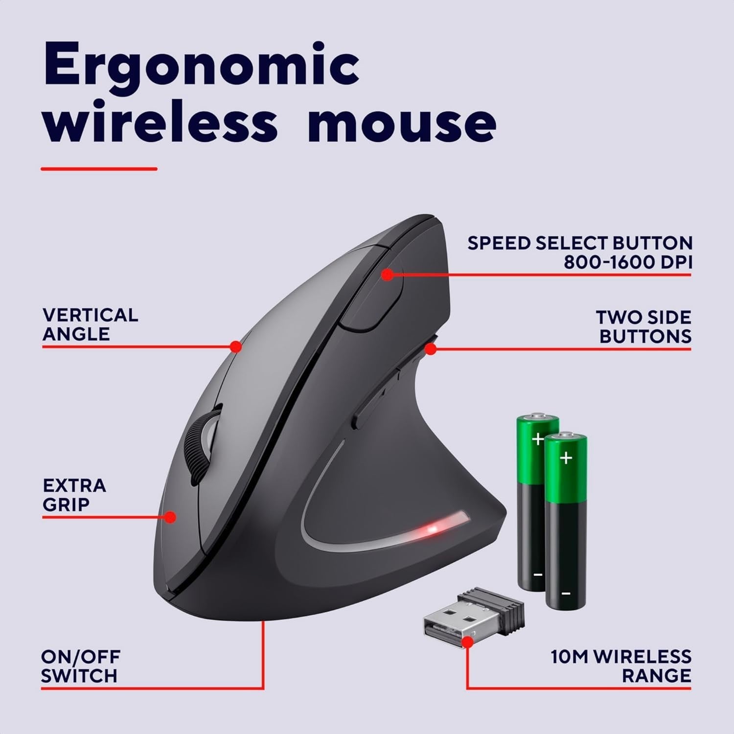 Vertical Wireless Ergonomic Mouse 1600 DPI 6 Button USB Black