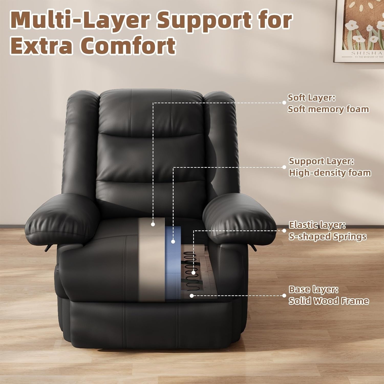 Recliner Armchair PU Leather Adjustable Sofa Lounge Chair Padded Seat Black