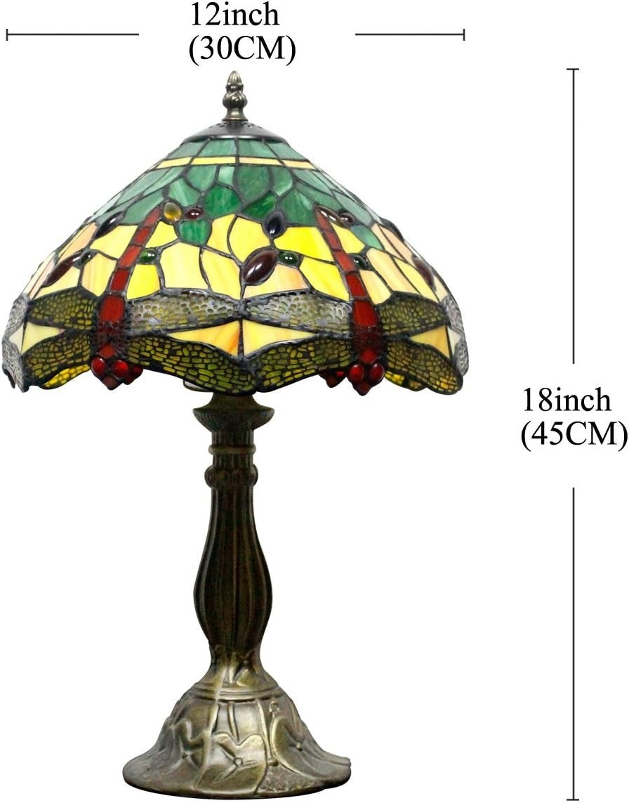 Stained Glass Tiffany Table Lamp 12x12x18in Green Yellow Bronze Base