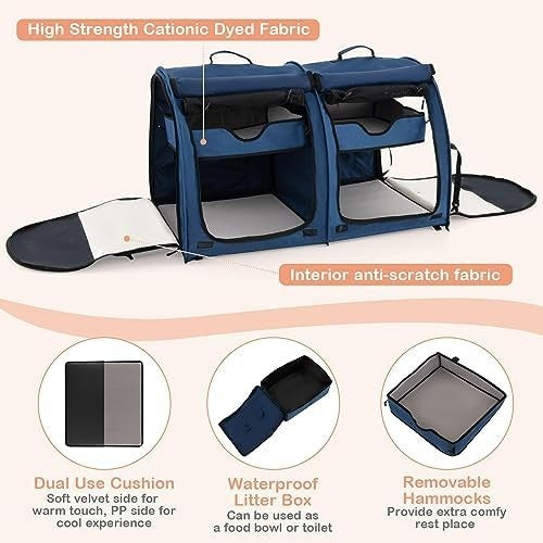 Foldable 2-in-1 Pet Carrier Navy Cat Dog Travel Crate with Hammocks & Litter Box