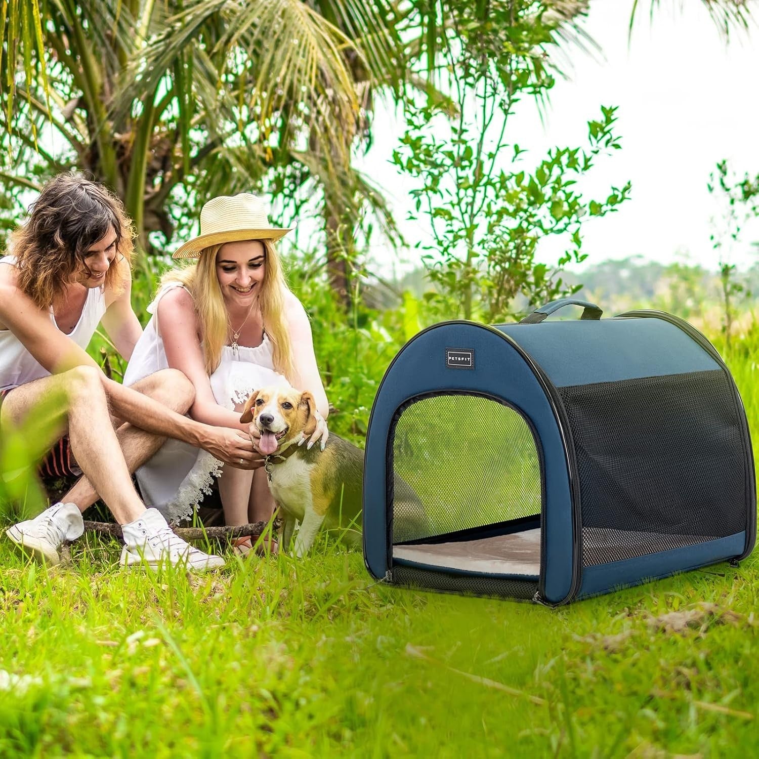 Soft Dog Crate 48x42x41cm Portable Travel Carrier Cat Kennel with Mat Blue
