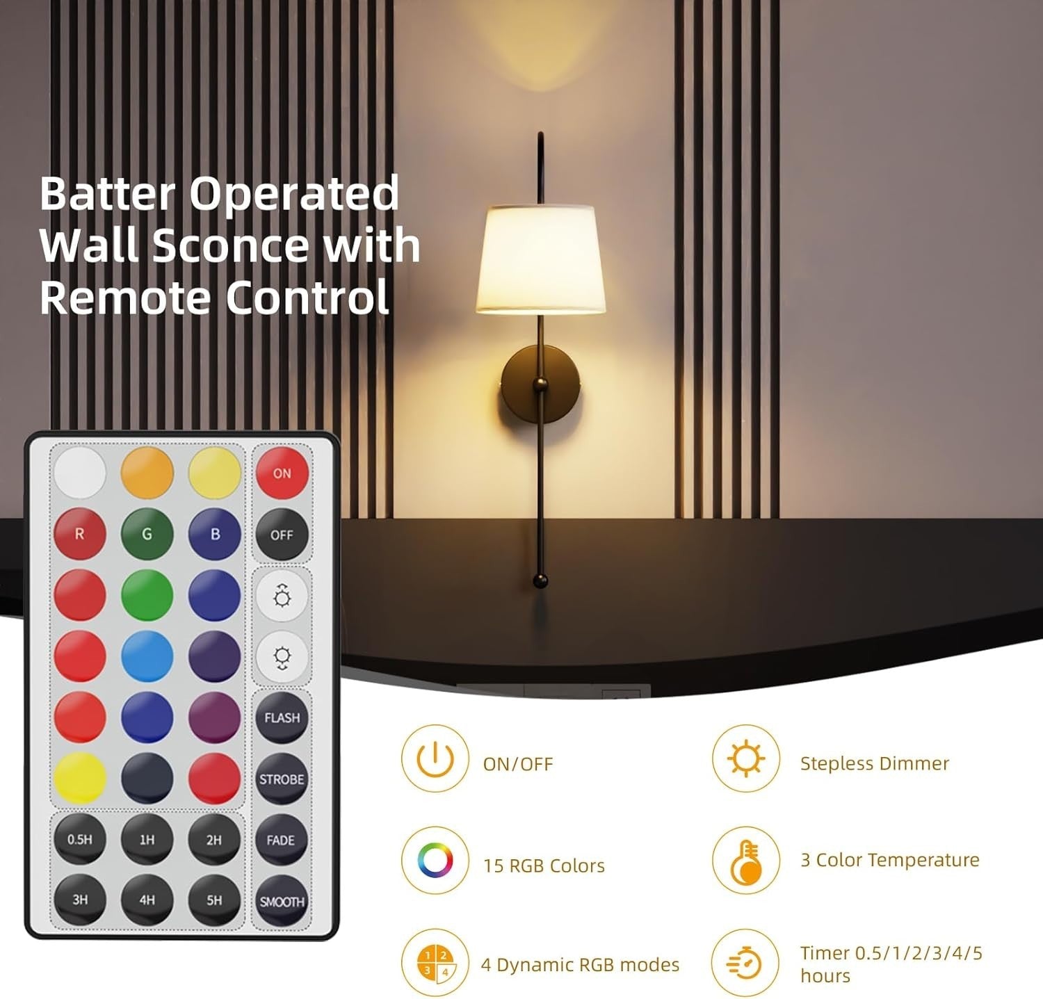 Wireless Wall Lights Rechargeable LED Dimmable Remote Control Sconce Light
