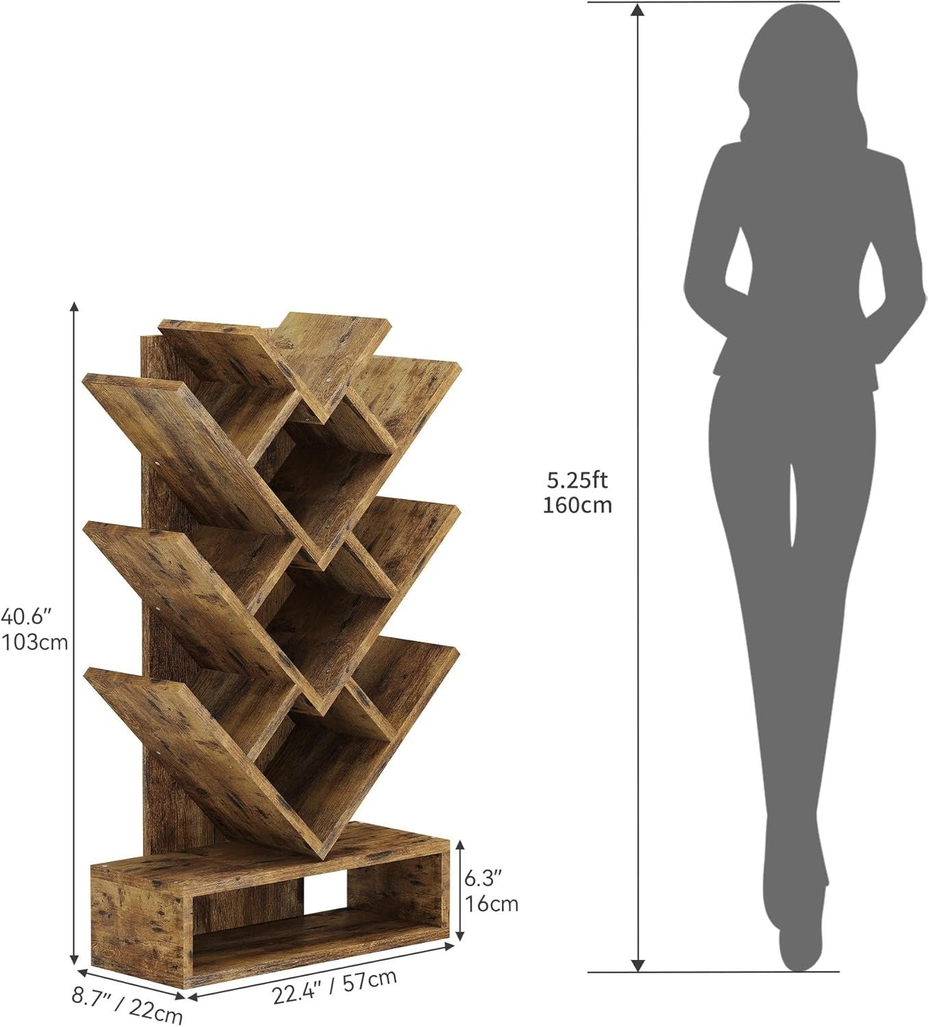 Tree Bookshelf with Drawer 5 Tier Rustic Brown  Wooden Bookcase Storage Rack