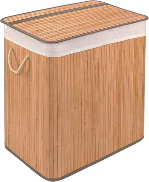 XL Bamboo Laundry Basket 2-Compartment 100L Hamper with Lid & Handles | Folding