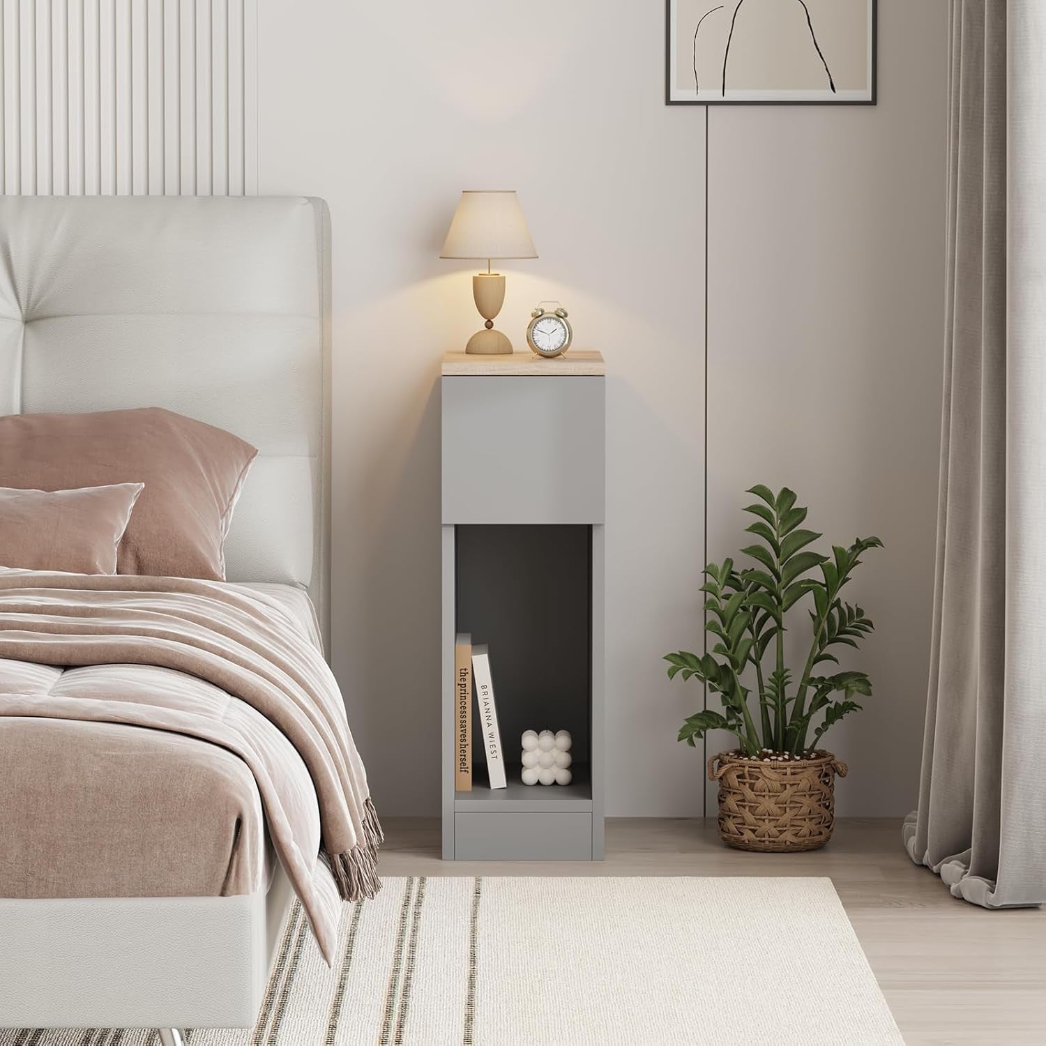Slim Grey Bedside Table with Drawer & Shelf – Modern Narrow Nightstand Storage